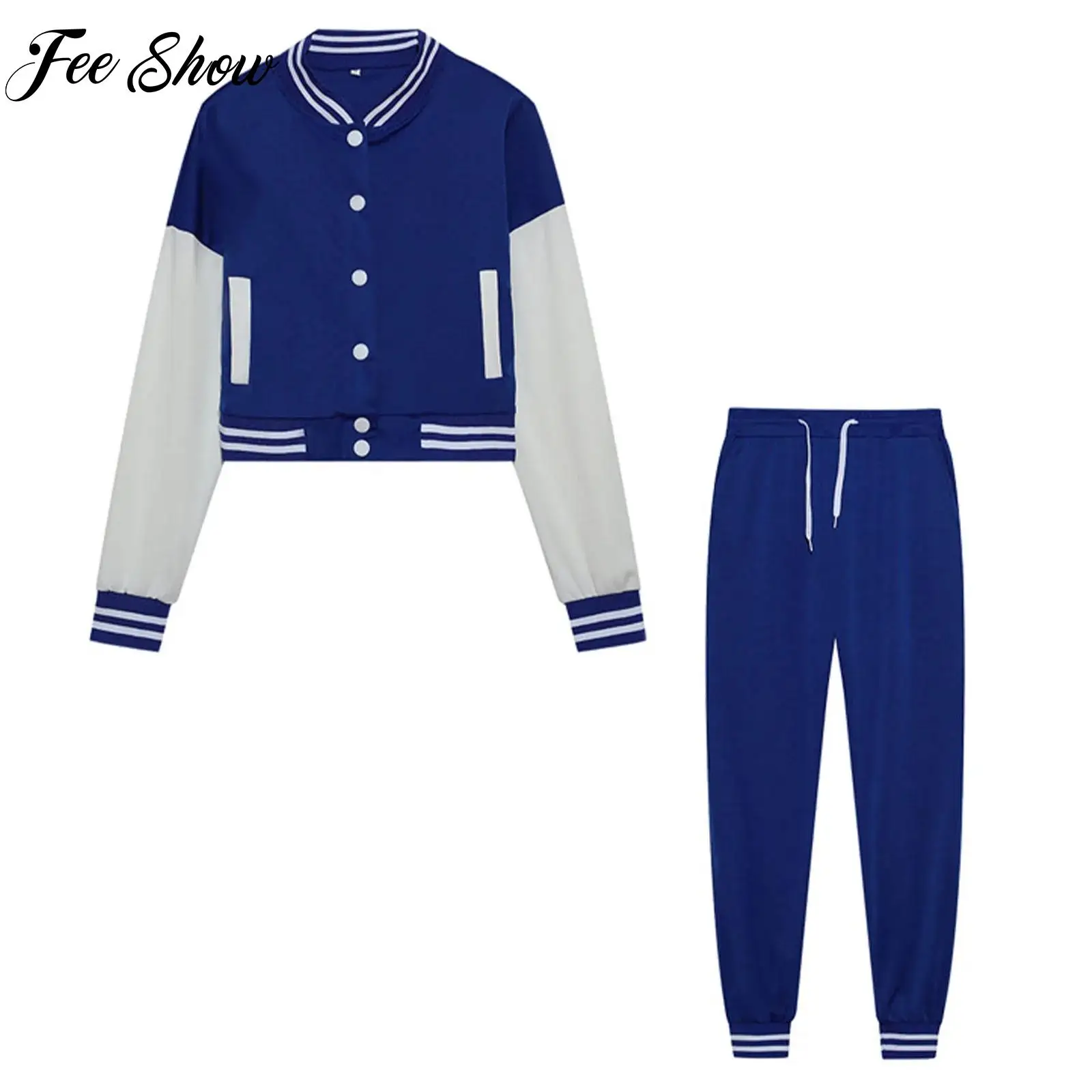 Women School Uniform Sports Set Tracksuit Long Sleeve Baseball Jacket with Drawstring Pants for Outdoor Running Cycling