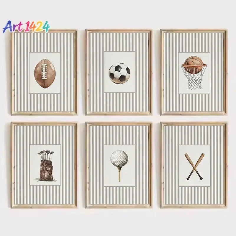 Vintage Sports Illustration Baseball, Football, Golf, Basketball Bats Nursery Poster Canvas Painting Wall Art Picture Home De