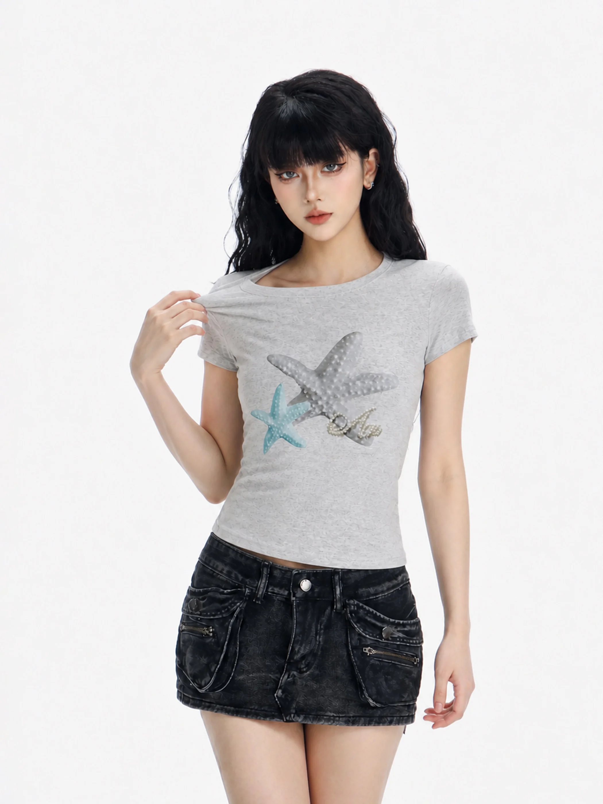 

Slim Fit Short Sleeve T-Shirt Women's Retro American Style Sea Star Print Casual Top High Waist round Neck Polyester Cotton B...