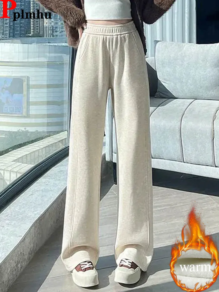 ملابس الثلوج فضفاضة مستقيمة السراويل الكورية موضة مرونة عالية الخصر المخملية اصطف Sweatpants المرأة عادية رشاقته الدافئة Pantalones