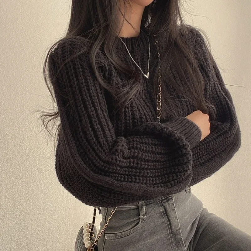 Round O Neck Pullover Knitted Top For Women Brown Short White Ladies Sweaters Crop Cheap And 2025 New In Offers Y2k Vintage