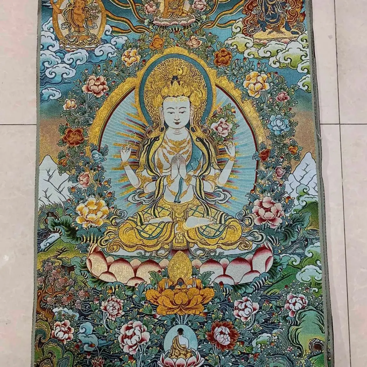 Buddhism supply Four-armed Avalokitesvara Bidhisattva Buddha Tangka Embroidery Decoration Hanging Painting