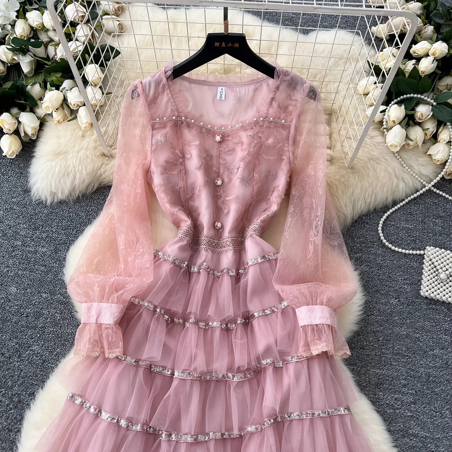 New 2024 French Elegant Autumn Pink Lace Mesh Spliced Cake Long Dress For Women Square Collar Embroidery Ruffles Party Clothes