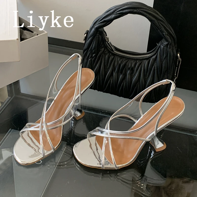 

Liyke/Новые модные женские сандалии, летние туфли-гладиаторы на тонком низком каблуке с ремешком сзади, повседневные модельные туфли без шнуровки с узкими ремешками