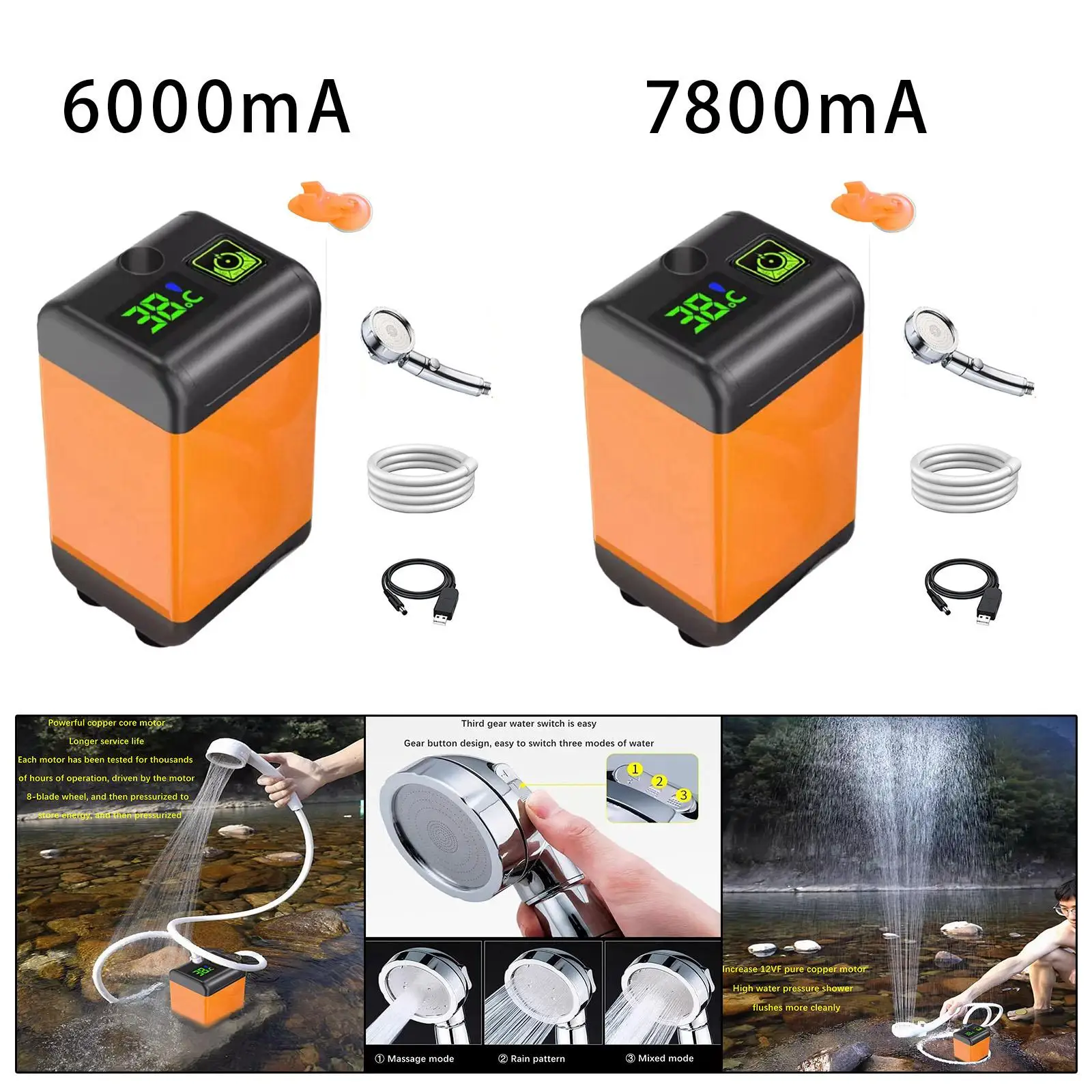 Portable Shower Handheld Multipurpose 3 Modes Water Output with Hose for Outdoor Car Washing Dormitory Backpacking Rural Homes