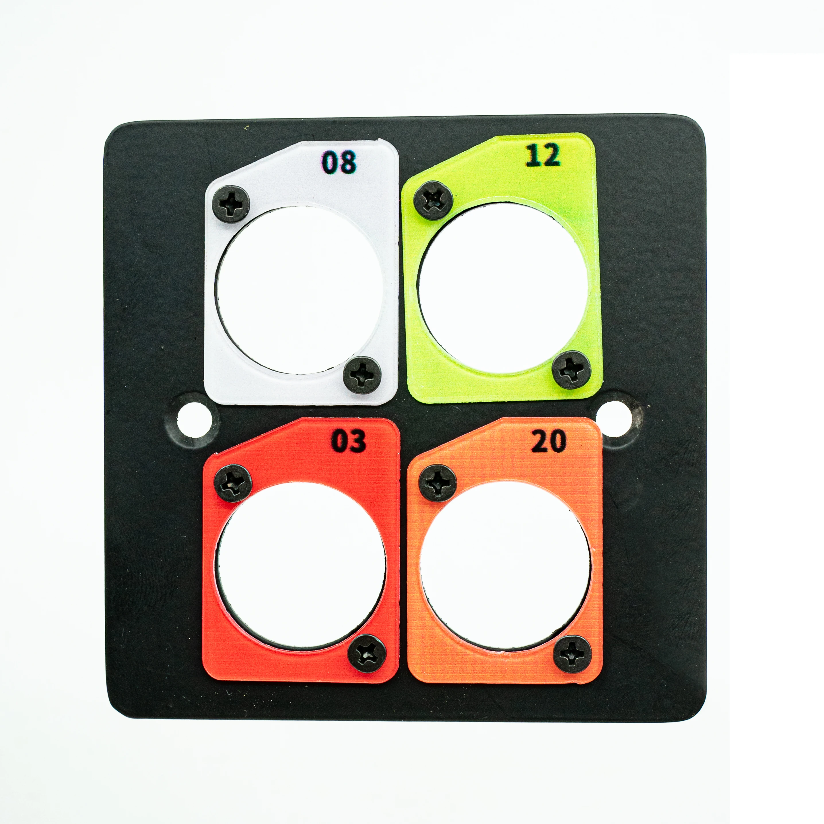 Colored numeric labels for D-sub connectors, suitable for 19-inch 1U/2U rack panels and 86-type panels.