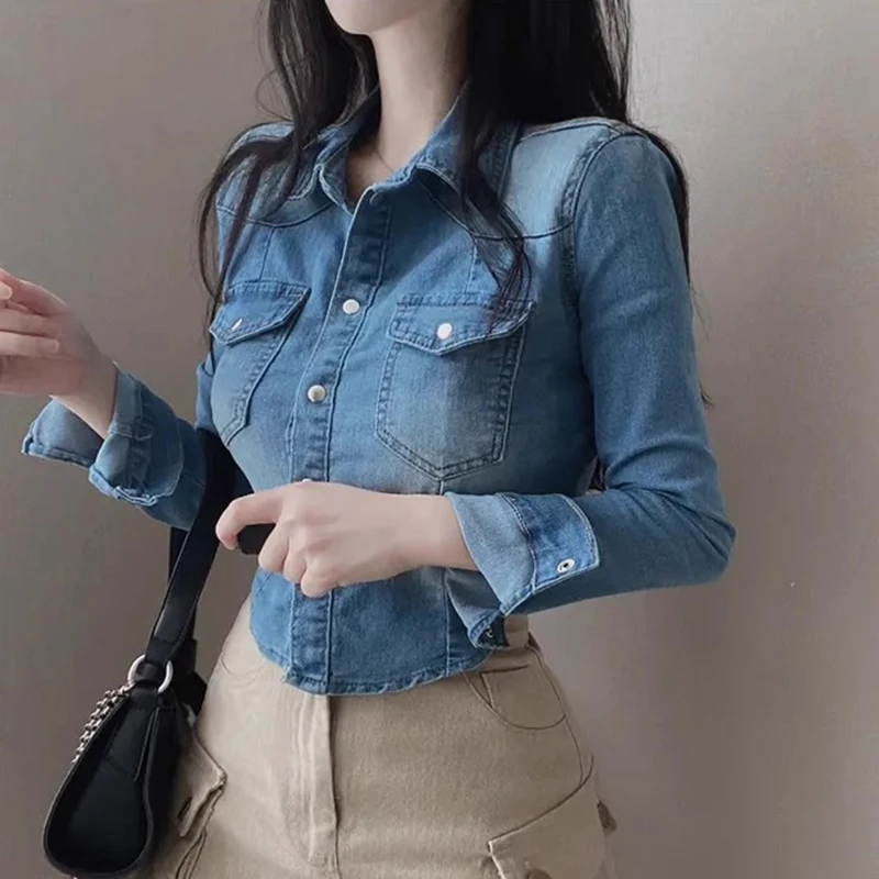 

Slim Fit Chic Autumn Denim Jaet Women's Single Button Notched Collar Casual Long Sve Pure Color Commute Sle Outerwear