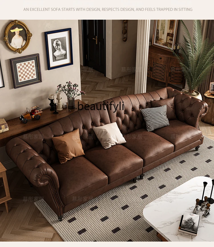 

American Retro Leather Sofa First Layer Cowhide Straight Row Pull Buckle Brown Sofa Living Room