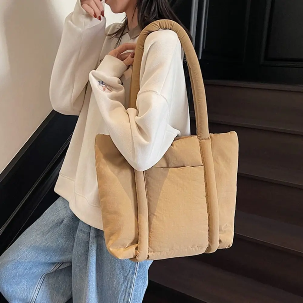 

Korean Style Down Cotton Shoulder Bag Solid Color Lightweight Cotton-padded Tote Bag Space Cotton Large Capacity