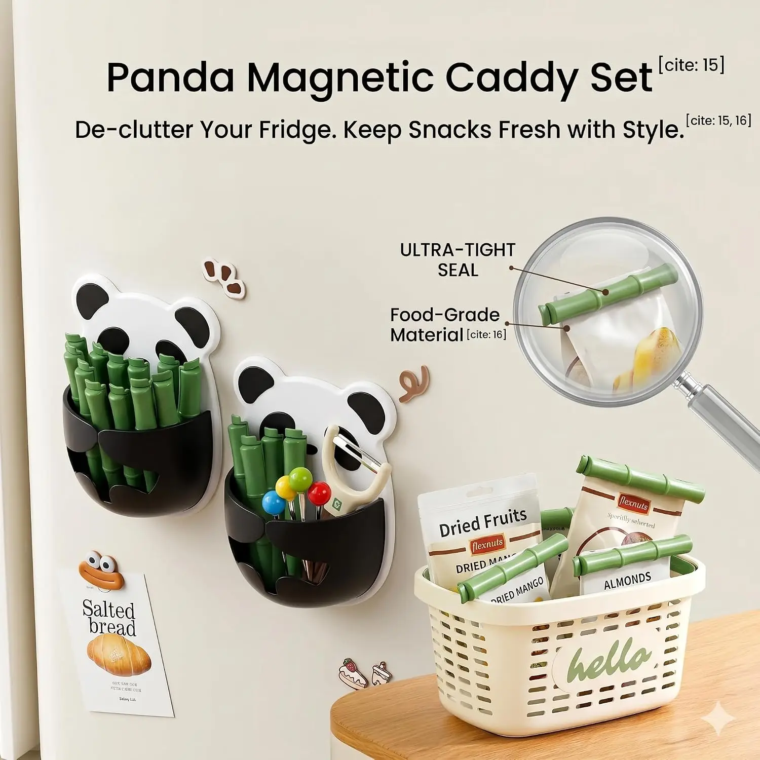 Magnetic Panda Holder Food Storage Bag Clips, Bamboo‑Style Chip Clamps, Kitchen Sealer Set Fridge Organizer Caddy