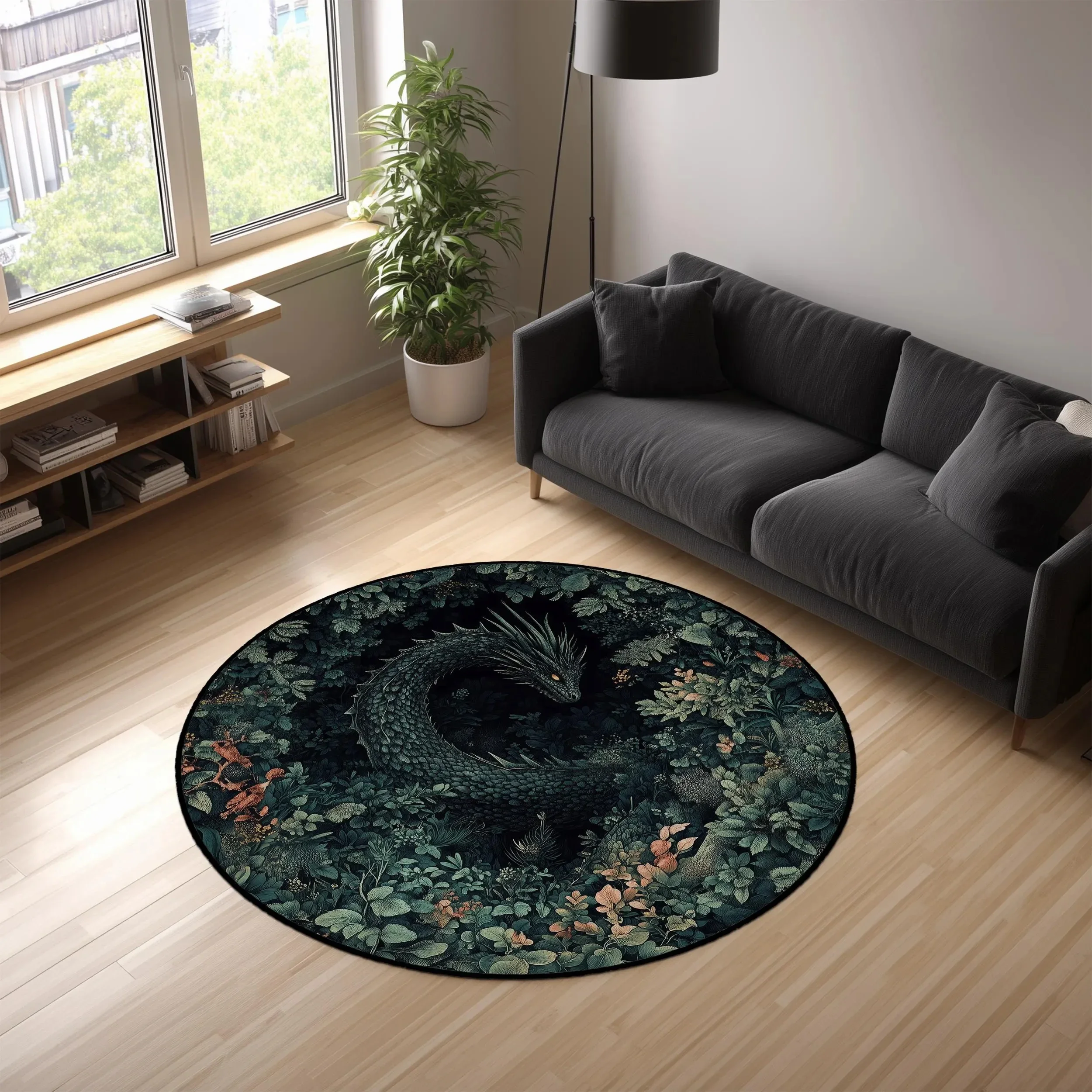 1pc Fantasy Forest Dragon Pattern Round Rug, Non-slip Floor Mat for Living Room, Bedroom, Bathroom, Holiday Home Decoration
