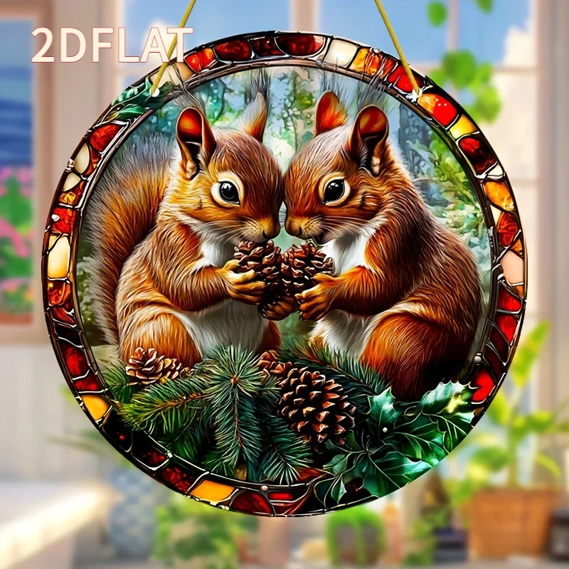 Christmas Squirrel Acrylic Suncatcher, 20.32x20.32 cm, 2D Flat Animal Theme, Festive Window Garden Porch Decor, Ideal for Home &