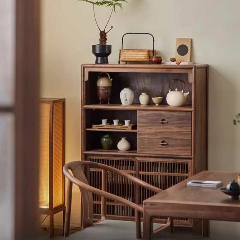 

New Chinese black walnut short cabinet, tea cabinet, solid wood side cabinet, small bookcase, Bogu rack, balcony, locker