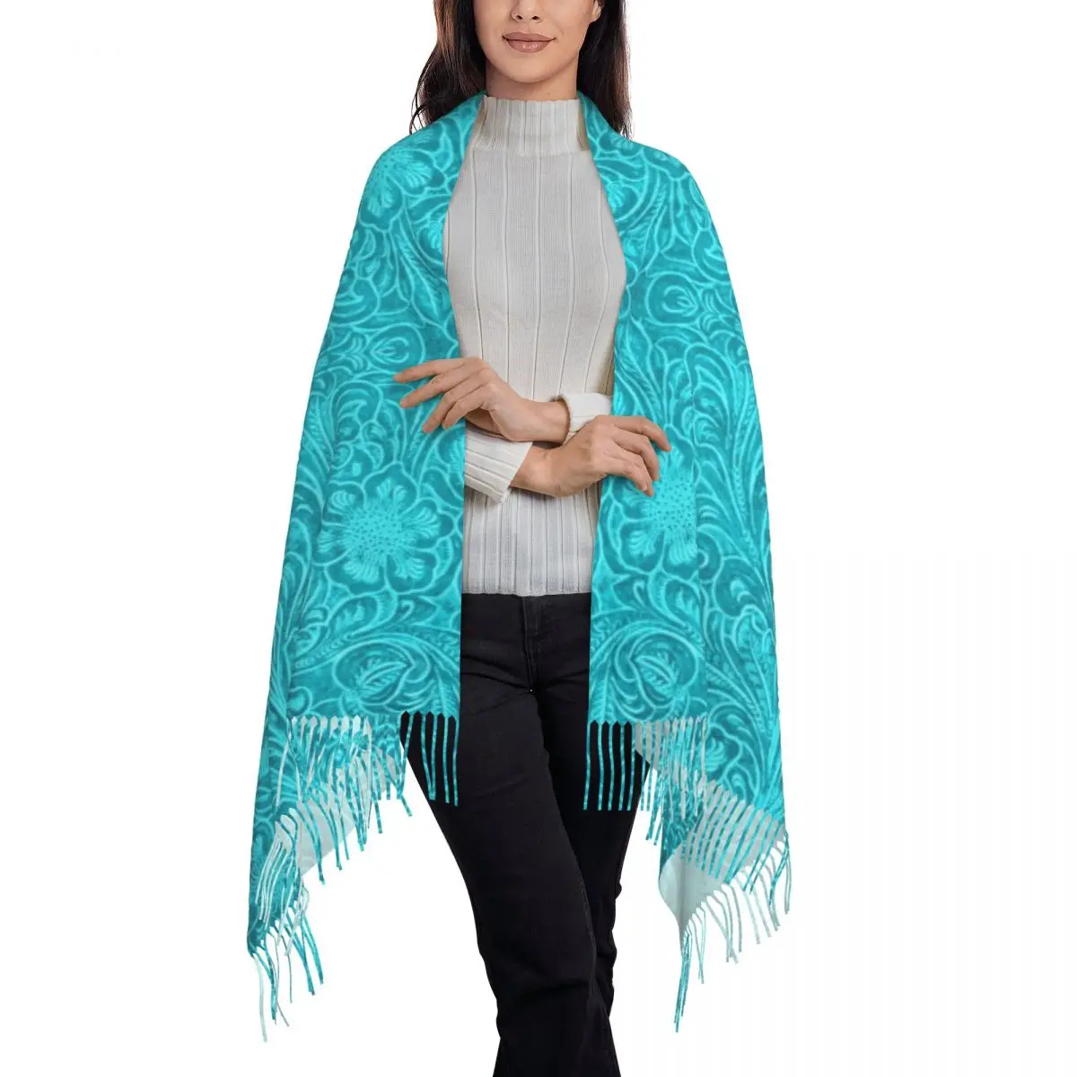 Fashion Turquoise Leather Texture Look Tassel Scarf Women Winter Warm Shawl Wrap Ladies Embossed Floral Pattern Scarves