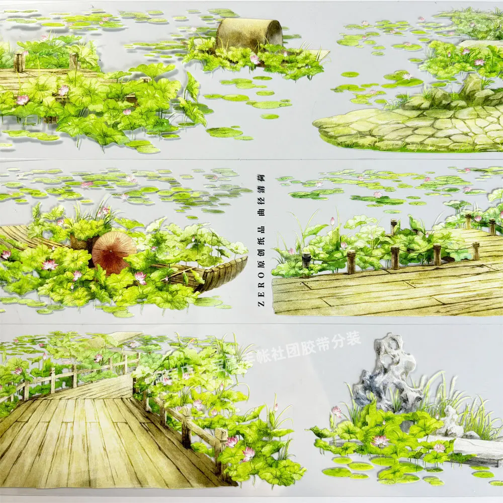 Декоративная лента Washi PET A579 «Извилистая тропа» с прозрачным фоном, узором «Лотосовый лист», «Речная вода» и «Древние мотивы» для скрапбукинга и декора чехлов для телефонов