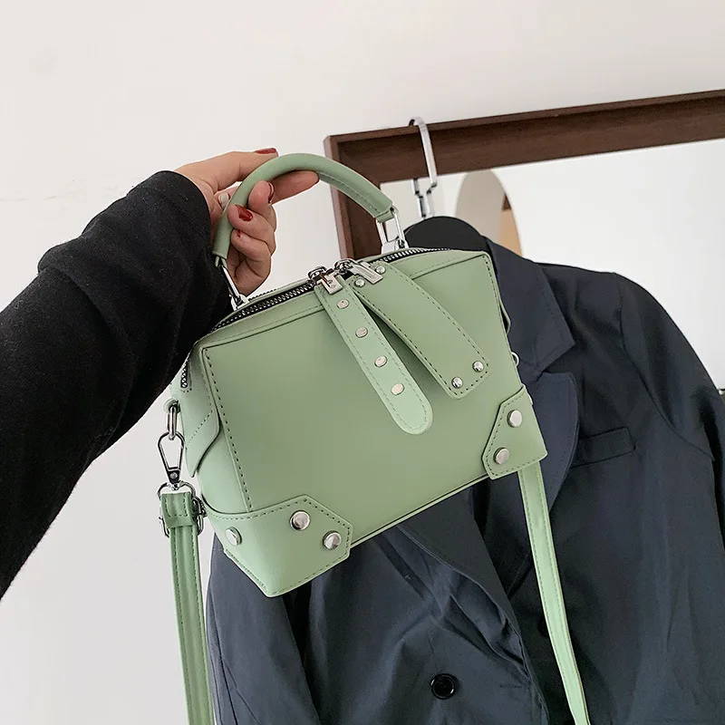 

2025 Women's PU Rivet Shoulder Bag Multi Functional Crossbody Bag Handheld Boxed Makeup Bag Solid Color Small Square Bag
