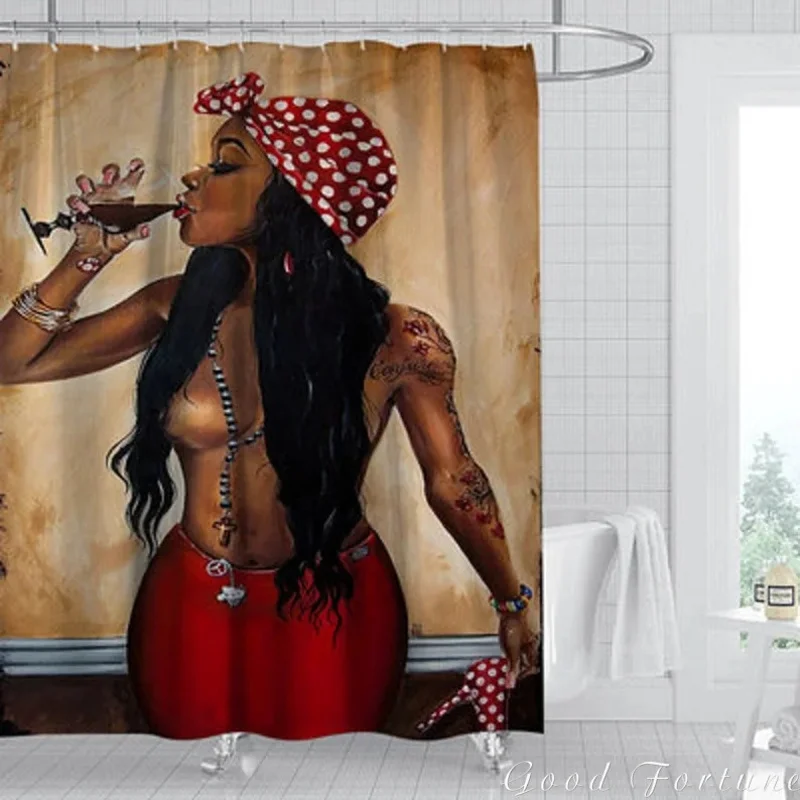 Dark African American Women's Personalized Waterproof Shower Curtain, Home Bathtub Trim