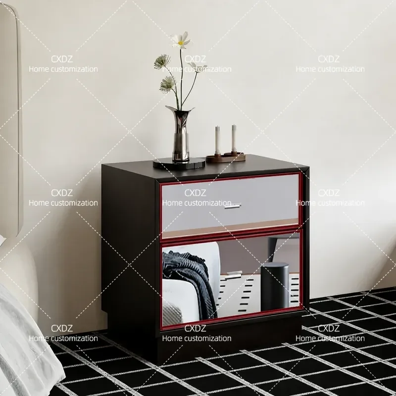 Medieval Style Bedside Table Mirror Stainless Steel Chest of Drawers with Optical Shaft Design Nightstand for Bedroom Storage