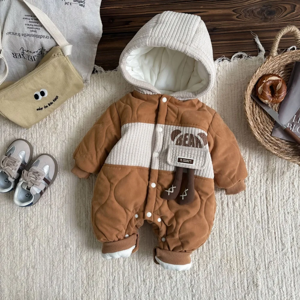 Ins 2024 Winter Korean Baby Boys Jumpsuit Hooded Spliced Cartoon Thickened Warm Infant Boys Rompers Newborn Boys Bodysuit