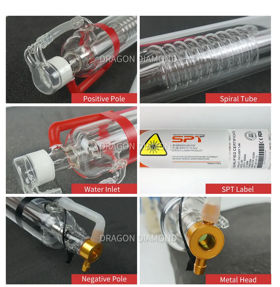 DRAGÃO DIAMOND-SPT CO2 Tubo De Laser, Tubo De Vidro, Cabeça De Metal, Máquina De Corte De Gravura, Comprimento de 1250mm e 80mm, 90-100W