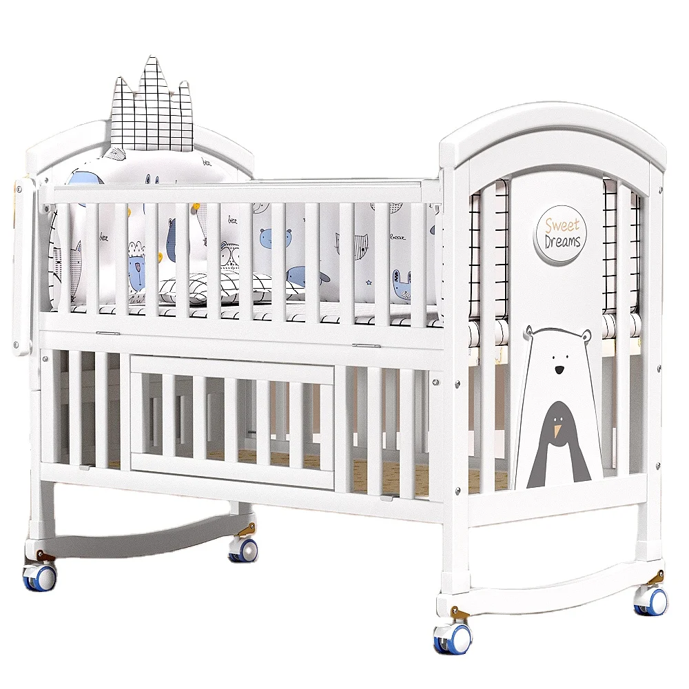

New Type White Babi Wood Crib Multifunctional Height Adjustable Wooden Babi Cot for 0-3 Years