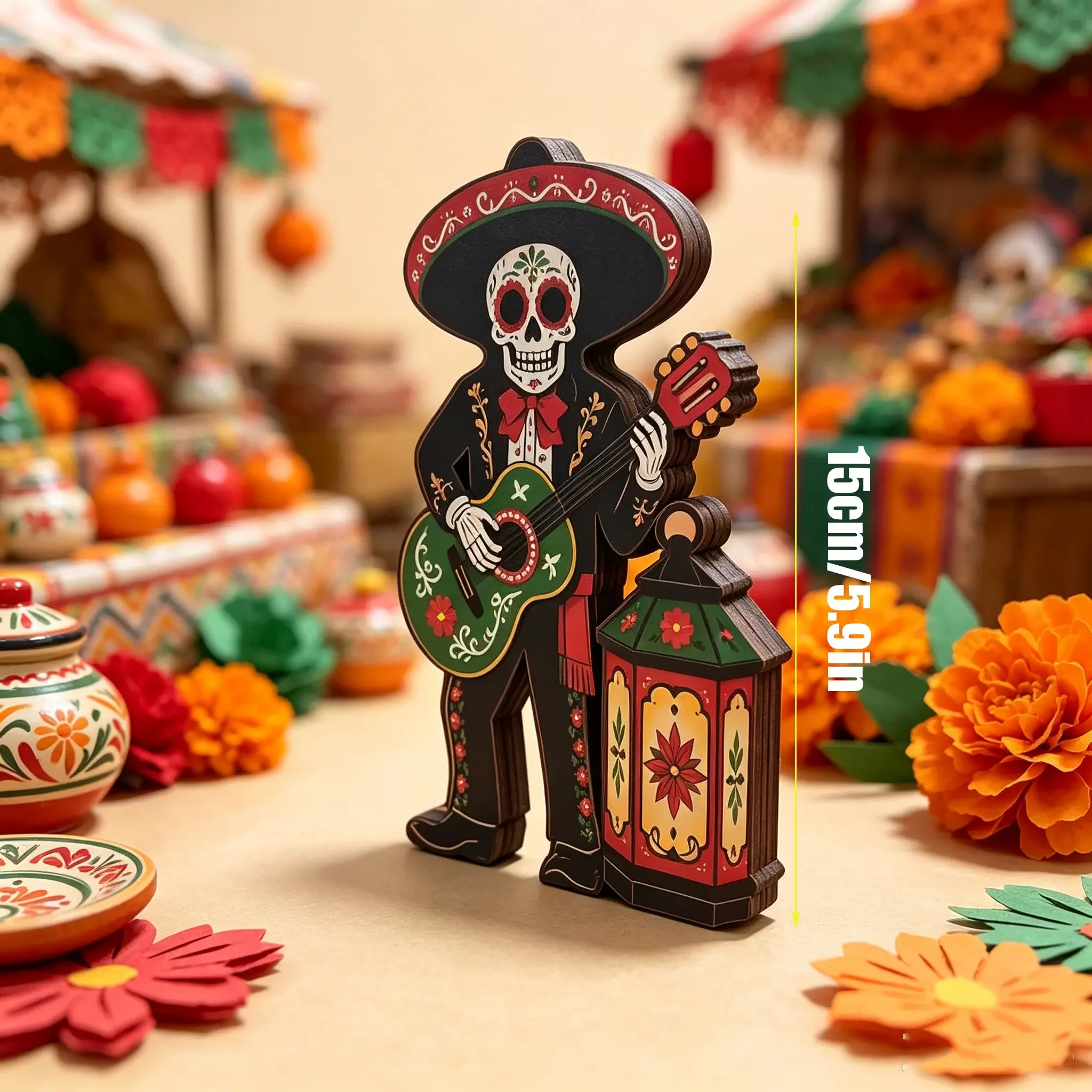 Three Mexican Day of the Dead wooden desktop ornaments: a standing wooden sign featuring a guitar-wielding skeleton lady from the Los Panchos band, and a tiered sugar skull tray for fireplace mantel party decor (sold individually) Home Decoration.