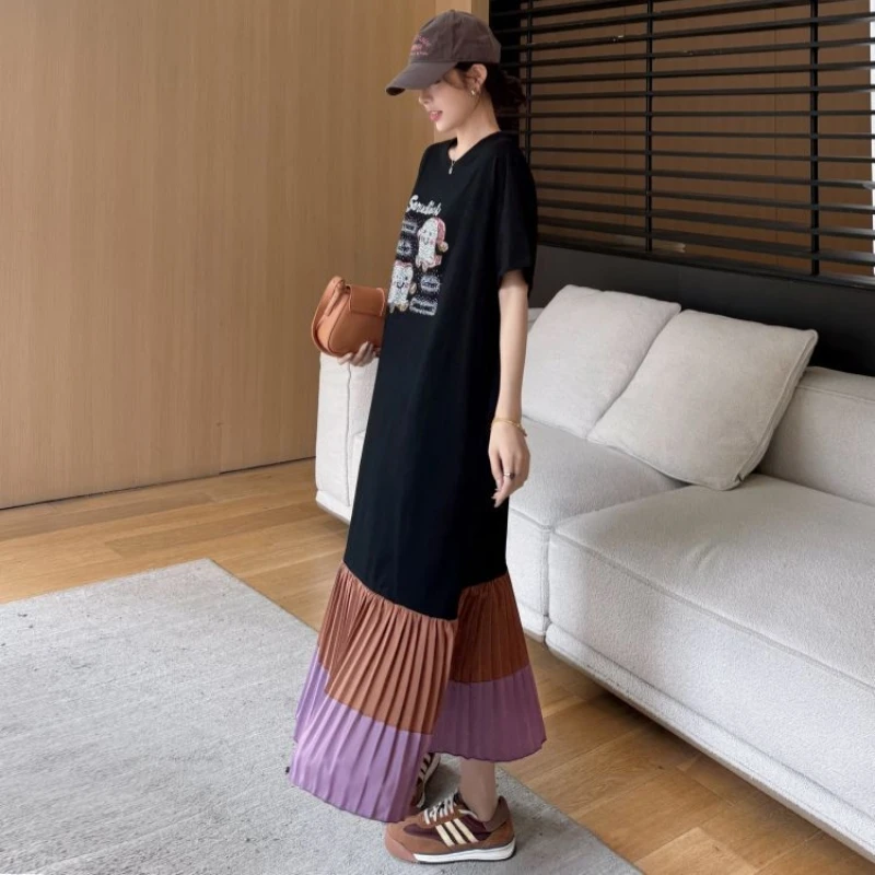 الصيف امرأة تي شيرت س الرقبة ميدي فستان Vestidos رداء Elbise فضفاض حجم كبير المرقعة مطوي هيم قصيرة الأكمام فساتين طويلة