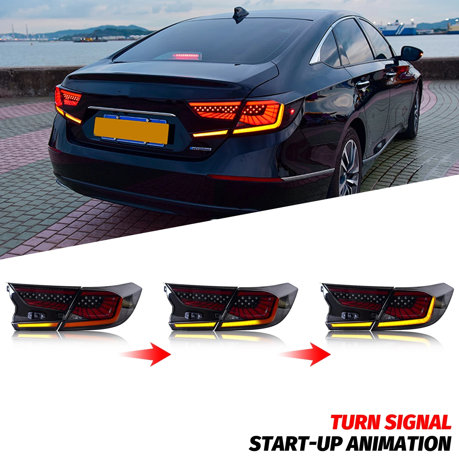 LED-Rückleuchten für Honda Accord 2018–2023, 10. Generation, sequentielles Blinker, dynamische Animation, schwarze V3-Rücklichter-Baugruppe