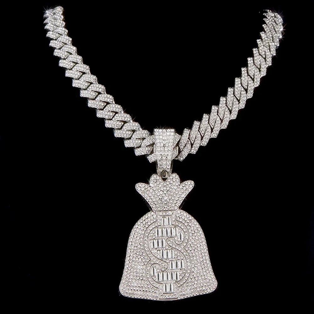  Men Women Hip Hop Dollar Sign Money Bag Pendant Necklace With 14mm Cuban ChainUSD Money Bag Necklaces Trendy Charm Jewelry Gif
