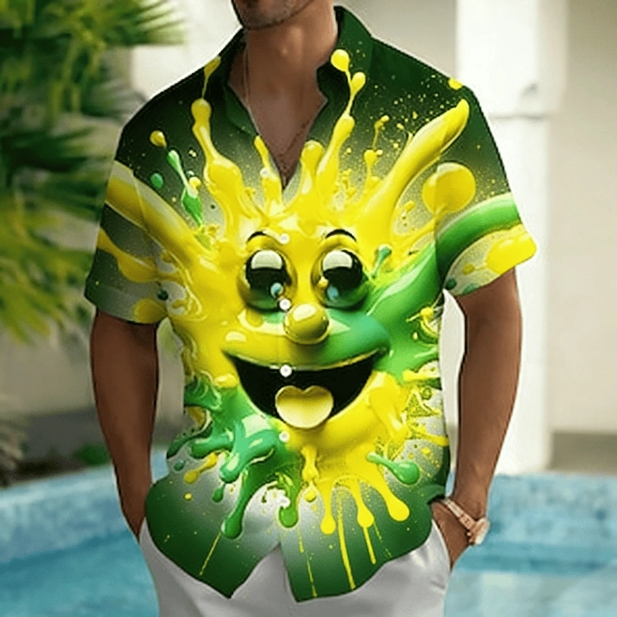 

Men's Colorful Ink Clown Print Short Sleeve Shirt, Spring Summer Fun Art Casual Top, Pocket Lapel Style