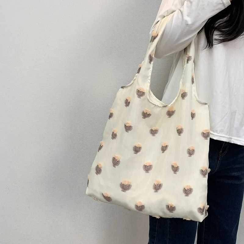 Flower Large Capacity Canvas Yarn Tote Bags for Work Commuting Carrying Bag College Style Student Outfit Book Flora Shoulder Bag