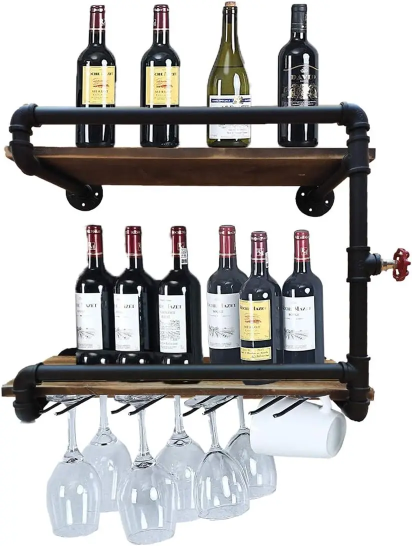 

Industrial Wall Mounted Wine Racks with 4 Stem Glass Holder,24inch Rustic Metal Hanging Wine Holder Glass Rack,2-Tiers Floating