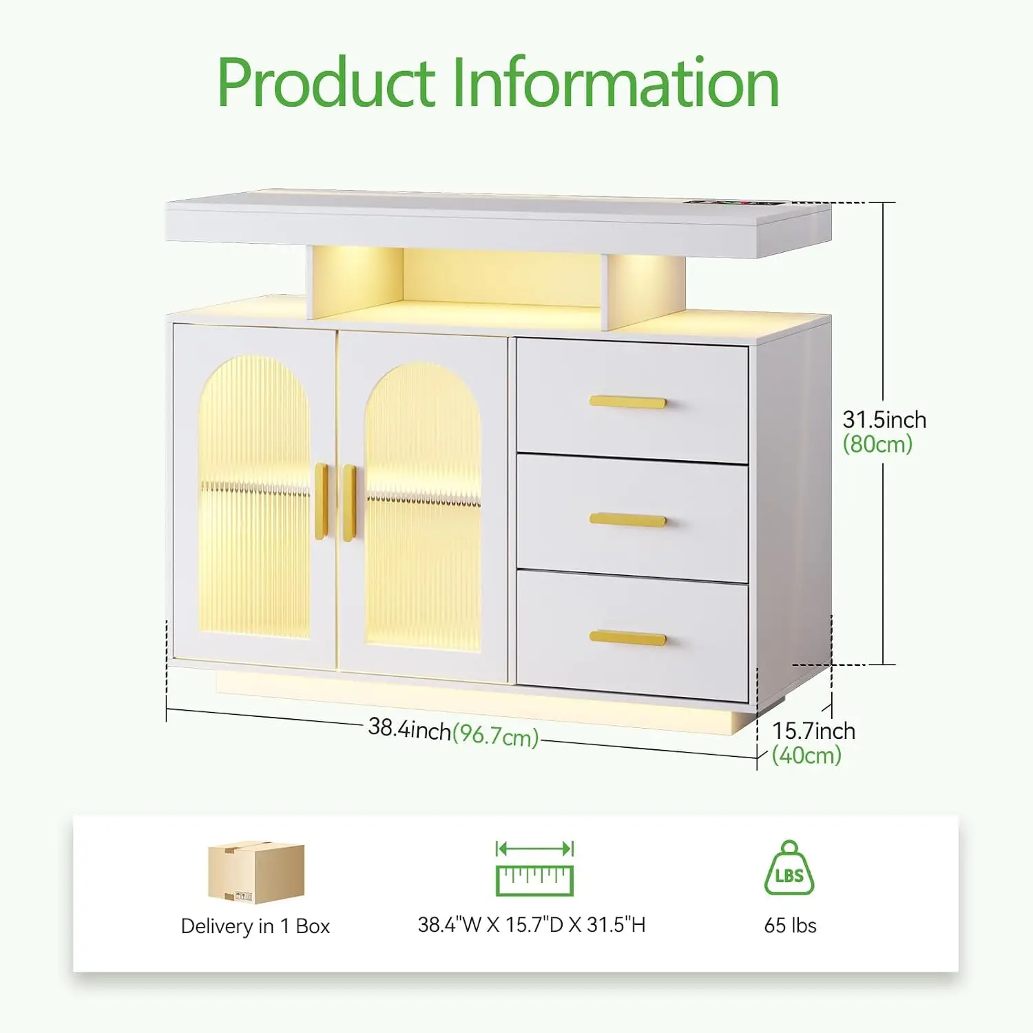 Coffee Bar Cabinet LED USB Wine Rack Sideboard 3 Drawers Open Shelf Motion Remote Home Dining Kitchen, Customized