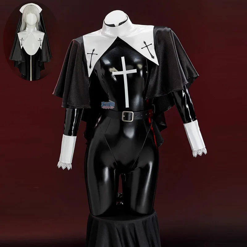 Disfraz de monja para mujer, mono Sexy de cuero con cinturón, traje para la cabeza, uniforme de monja Original, ropa de juego de rol para Carnaval y Halloween