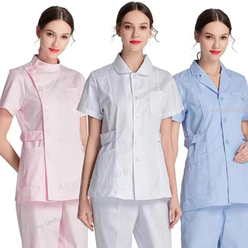 Pink Nurse Uniform Short Scrubs Top Lab Coat Doctor Women Medical clinic Clothing white Beauty Salon work clothes accessories