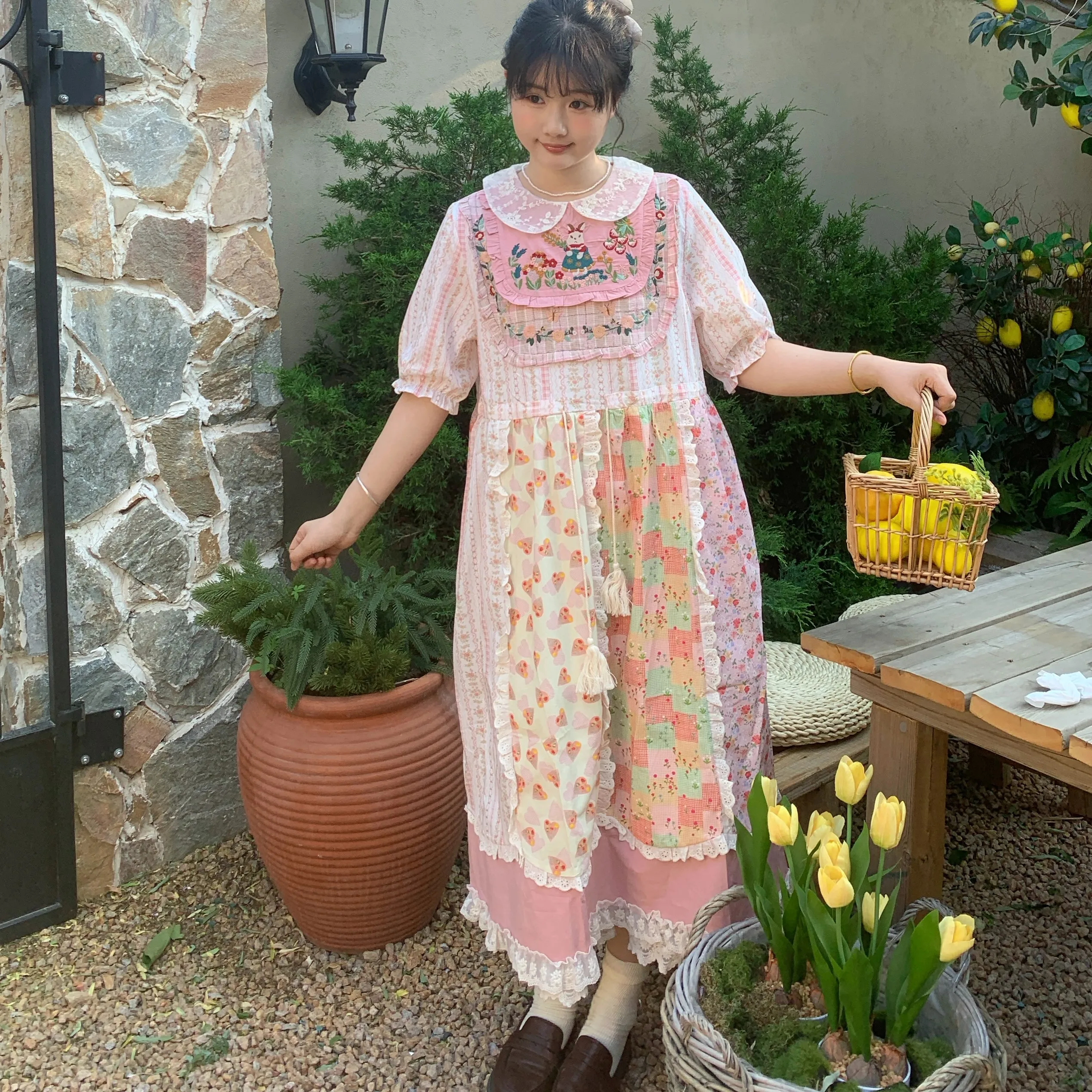 Schattig bloemenborduurwerk ort Sve Kanten kraag Taille Cinched Dr Girl's Summer Dr A-lijn rok Hoge taille Bubble Sve
