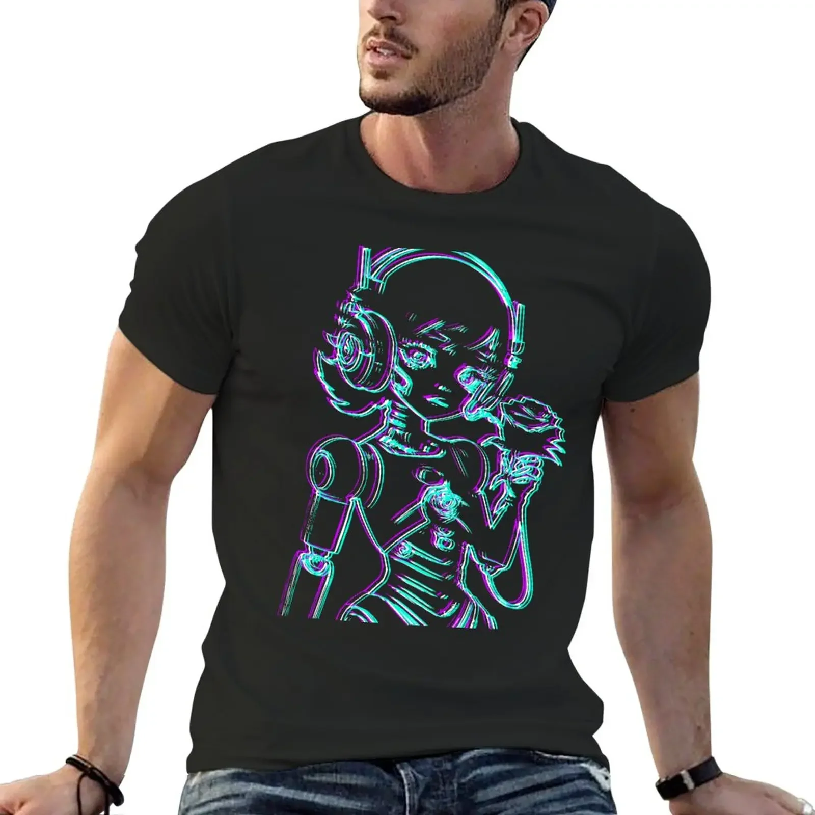 New Robot girl holding a rose (glitch effect) T-Shirt plain anime oversized men t shirt