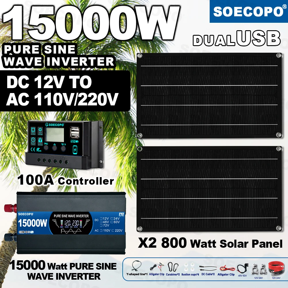 

SOECOPO 15000W Pure Sine Solar System Kit-2*800W Panels 12V To 110V 220V Inverter and 100A Controller for Home Balcony Camping