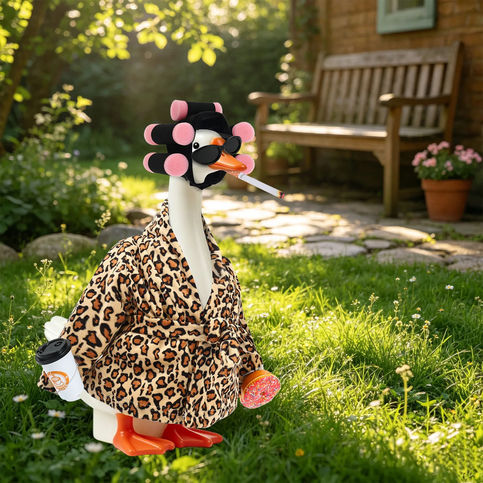 23 Inch Porch Goose Statue Bathrobe Costume Set Old Lady Porch Goose Outfit for Lawn Goose Clothes Yard Garden Patio Decorative