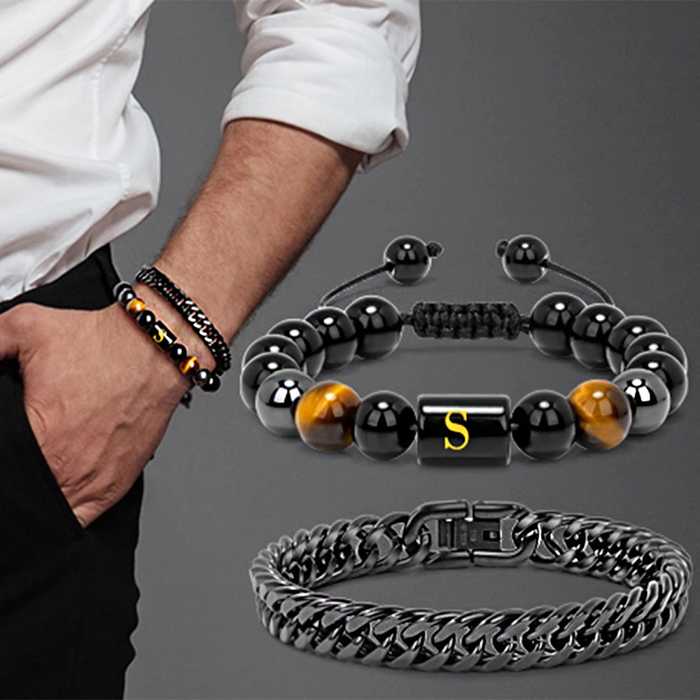 

Titanium Steel Bracelets for Men 26 Letters Initial Obsidian Hematite Tiger Eye Beads Braided Bracelet Jewelry Pulsera Hombre