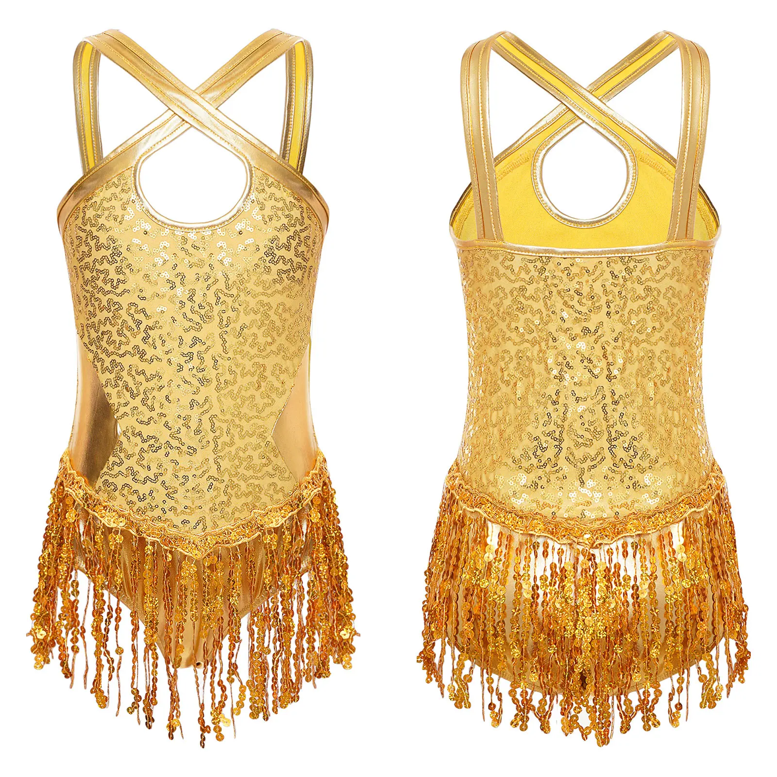 

2024 Kids Girls Shiny Sequins Tassel Leotard Bodysuit Latin Jazz Dance Fringed Leotard Ballroom Samba Tango Cha Cha Dancewear