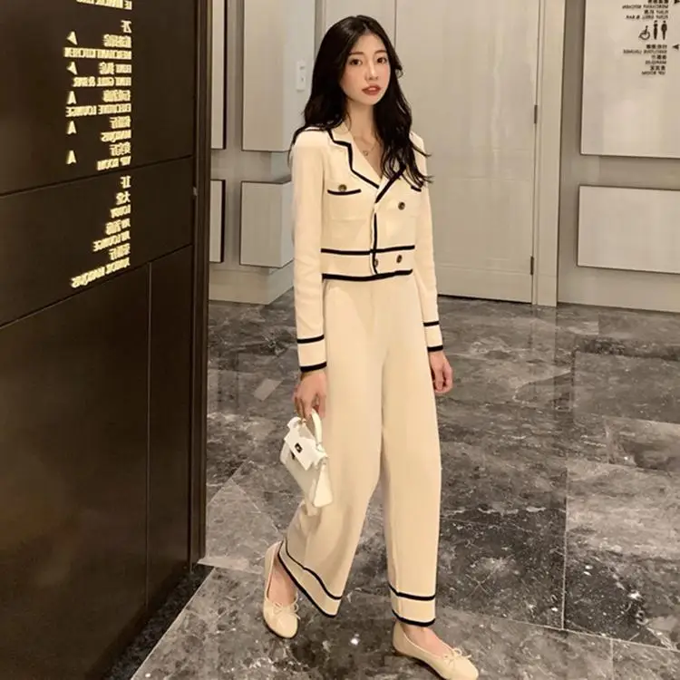 Autumn Suits Show Thin Temperament Xiaoxiang Nine-Point Wide-Leg Pants Two-Piece Knitted Sweater