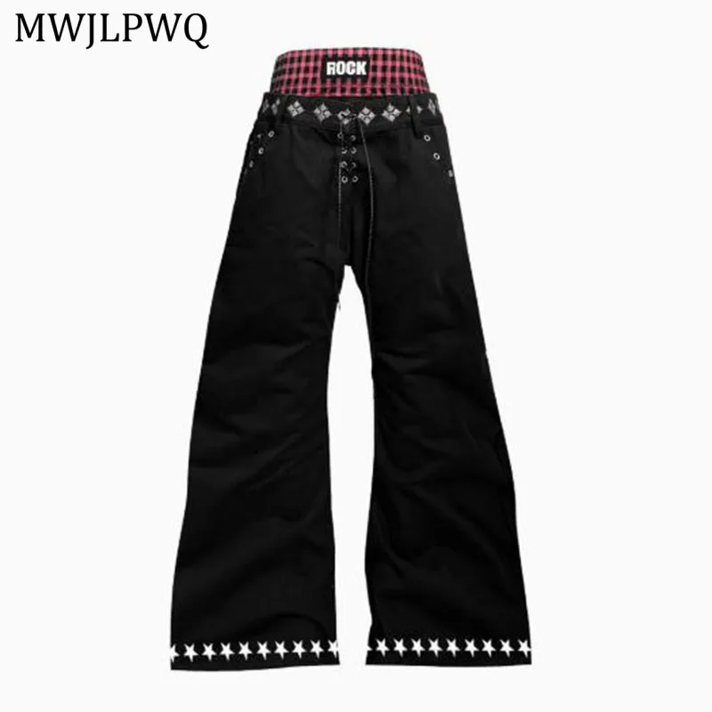 

MWJLPWQ Double Waist Drawstring Machete Jeans Men's Punk Color-Block Stacked Niched Design Long Pants Street Male Trousers 11346