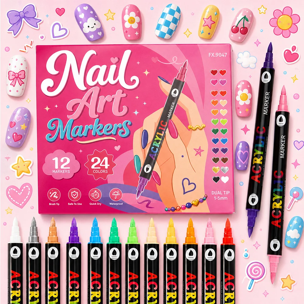 24 Colors Dual‑Tip Acrylic Paint Pen Nail Art Markers Quick Dry Waterproof Outline Decoration Drawing Graffiti DIY Design Tools