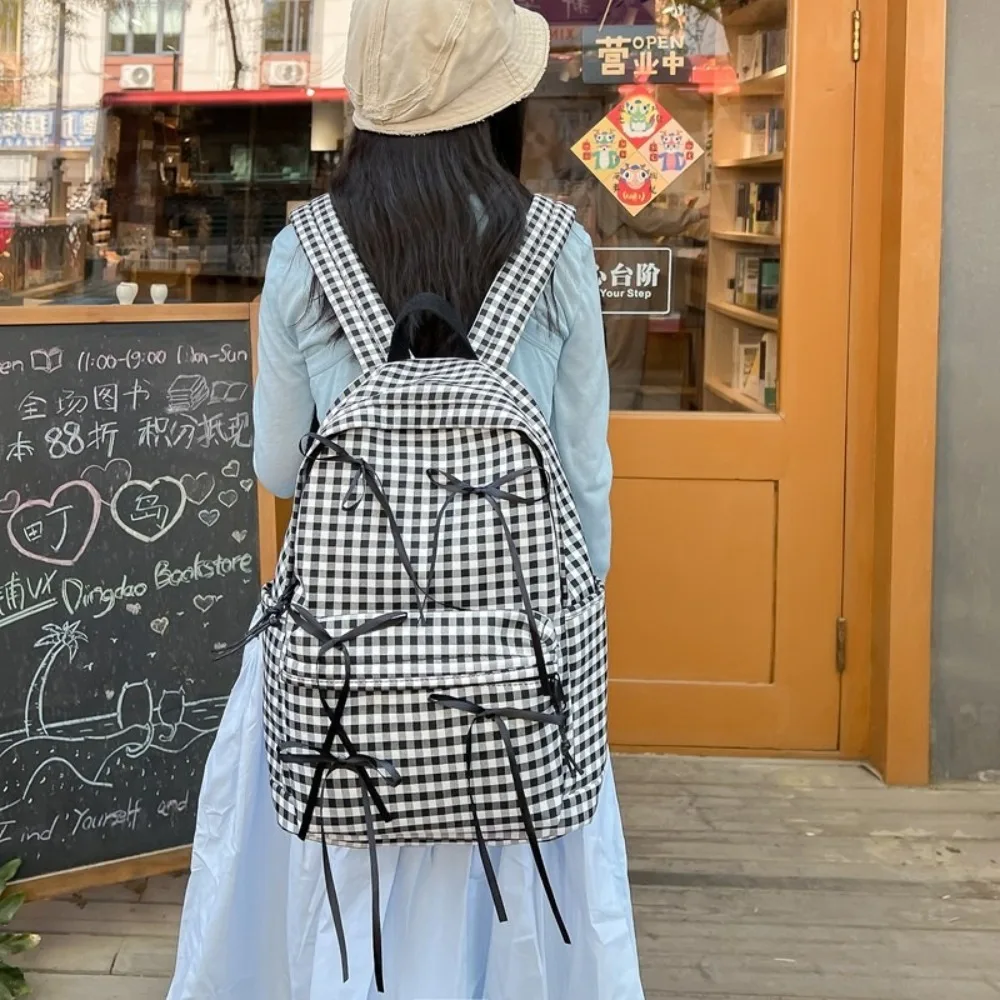 

New Ribbon Bow Students Backpack Y2k Large Capacity School Bag Plaid College Backpack Students