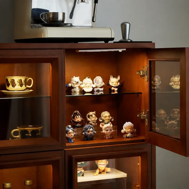 Solid Wood Retro Figure Display Cabinet Antique Glass Door Jewelry Showcase Household Cherry Wood Combination Side Cabinet