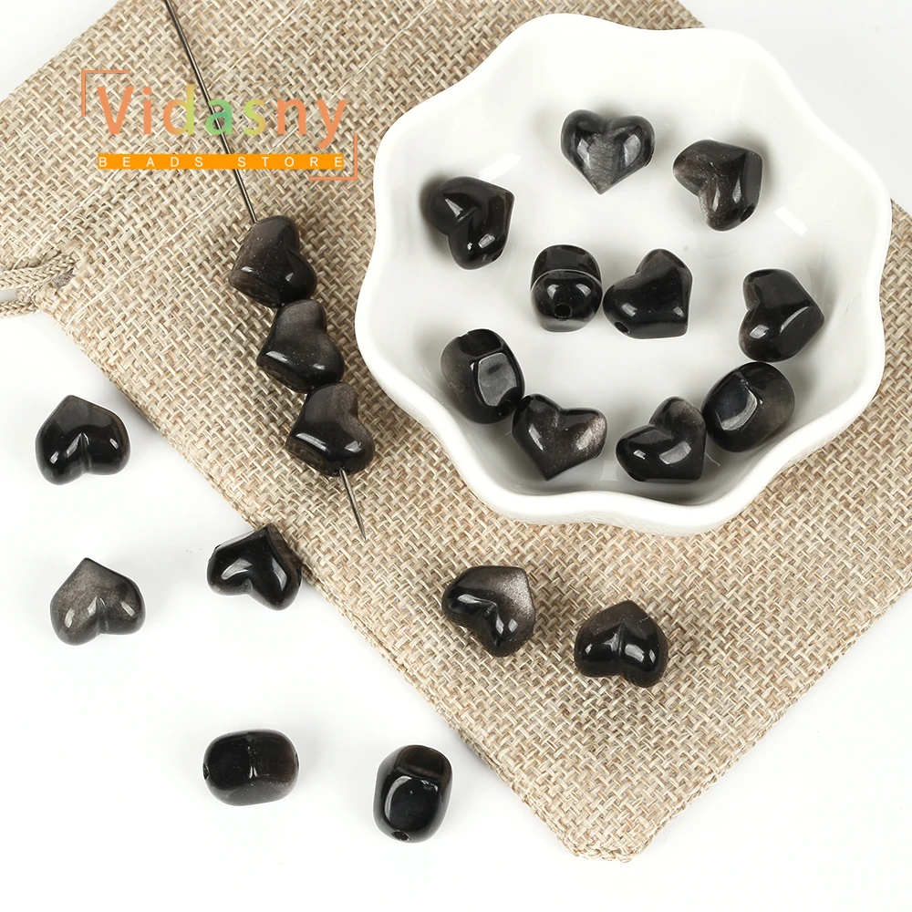 5 Stück Naturstein Silberner Obsidian Pfirsichherz-Form Lose Abstandsperlen für Schmuckherstellung DIY Armband Halskette Ohrringe – Detail 5