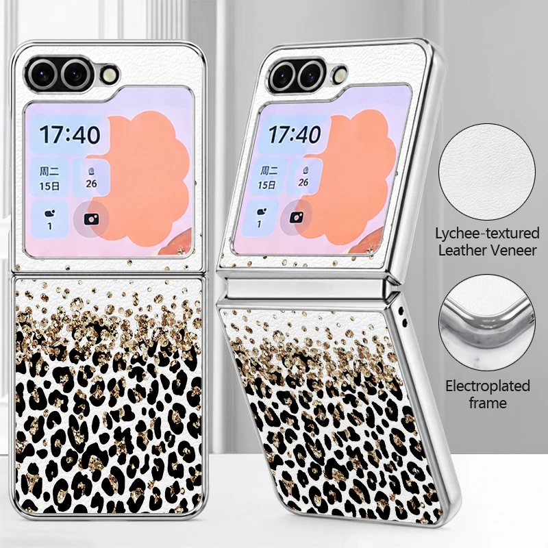 Leopard Print Pattern PU Leather Phone Case For Samsung Galaxy Z Flip7 FE Flip6 Flip 7 6 5 5G Silver Plating Frame Hard PC Cover