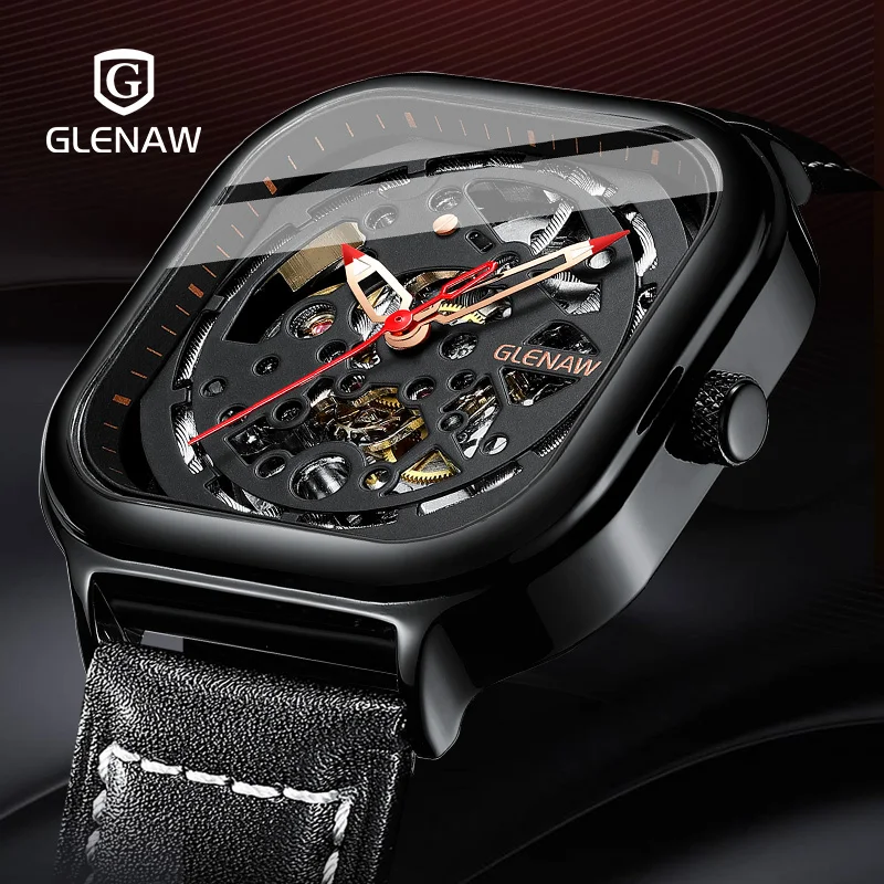 2023 GLENAW automatic watch square skeleton mesh steel belt mechanical business clock waterproof night glow Relogio Masculino