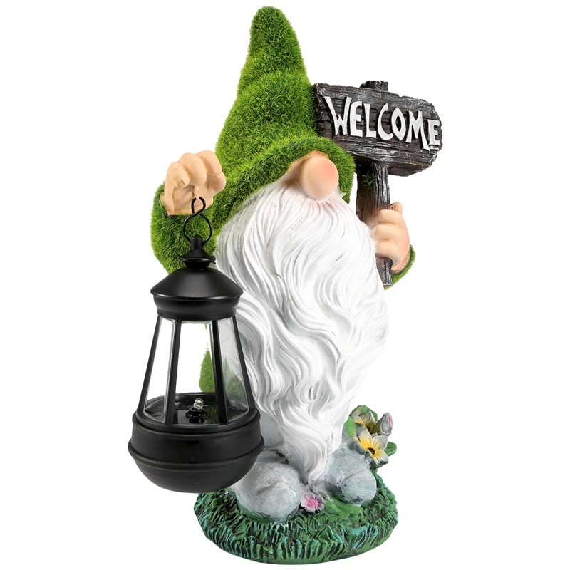 AB46-Flocking Gnome Solar Garden Statues Outdoor Decor Flocked Gnome With Solar Lantern Figurine Dwarfs Jardim Yard Ornaments